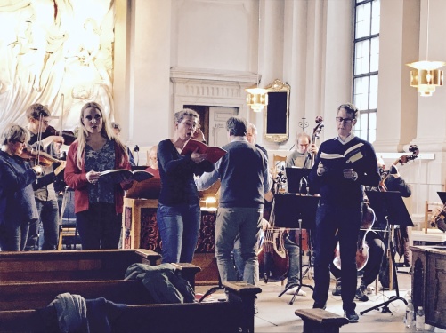 Maria Lindal & REbaroque, Hannah Holgersson, Ivonne Fuchs, conductor Christoffer Holgersson and Johan Christensson rehearsing Mass in C minor.