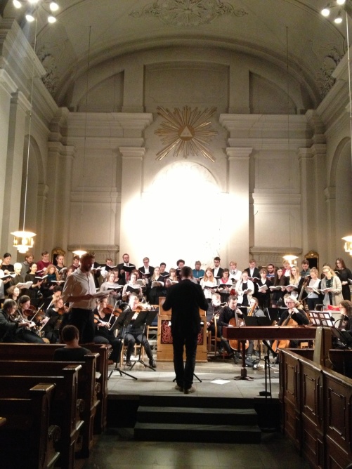 During dress rehearsal at Adolf Fredriks kyrka, Stockholm. Christoffer Holgersson conducting and Carl Ackerfeldt singing.