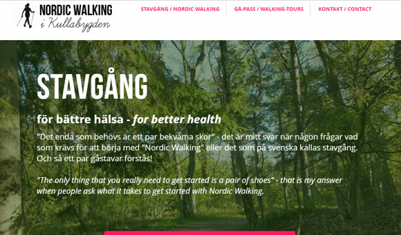 Startsidan för hemsidan "Nordic Walking", med logotyp längst upp till vänster & menyrad högerställd Startsidan för hemsidan "Nordic Walking", med logotyp längst upp till vänster & menyrad högerställd