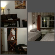 Room 7, Bredalycke. The room is outfitted with two beds, dest, sitting area with 2 arm chairs and a sink.