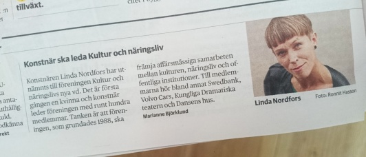 Konstnären Linda Nordfors ska leda Kultur och Näringsliv, DN Ekonomi 2017-06-14. Konstnären Linda Nordfors ska leda Kultur och Näringsliv, DN Ekonomi 2017-06-14.
