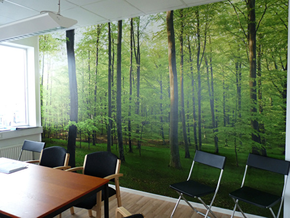 Lövskogens skira grönska sätter stämningen i det här kontorsrummet