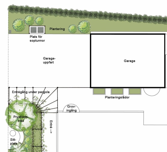 Uppfart och entré med plats för soptunnor och entrégång under pergola med klätterväxter. Uppfart och entré med plats för soptunnor och entrégång under pergola med klätterväxter.