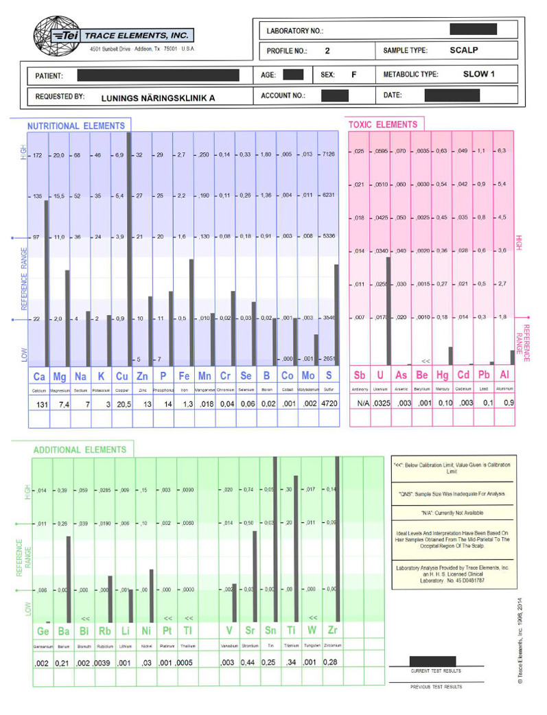 Exempel på svar från hårmineralanalys. Exempel på svar från hårmineralanalys.