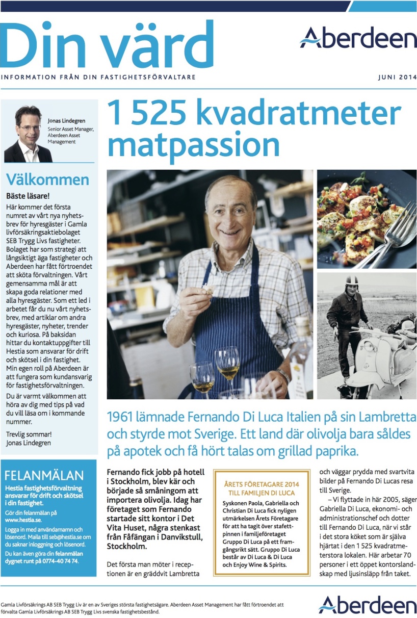 Nyhetsbrev till hyresgäster i SEB Trygg Livs fastigheter. Texter av Ristretto Stockholm