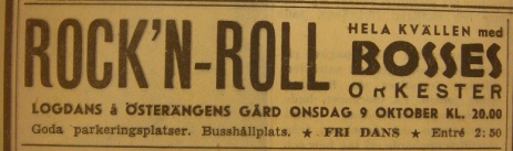 Annons inför logdans med rockmusik i oktober 1957.