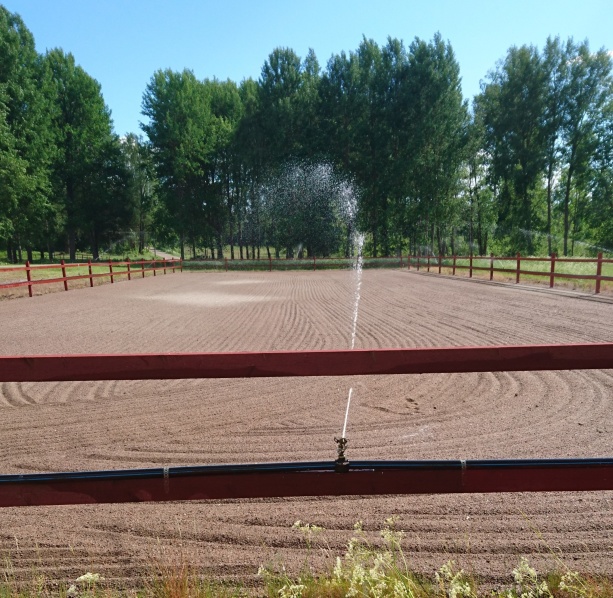 Bevattnad ridbana 20x60m och egen badstrand :). Även hästarna har ett bad !