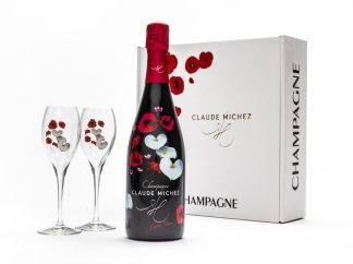 Champagnelåda Flore, blommig med två glas - 