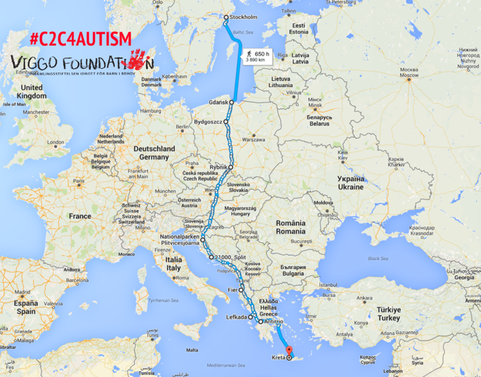 Den planerade rutten genom Europa #C2C4Autism Den planerade rutten genom Europa #C2C4Autism