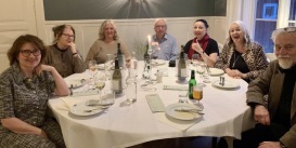 Helena Josephson, Teresa Allzén, Britta Ivarsson Possnert, Per Berg, Pia F Davidson, Carina Aynsley och Ragnar Ahlström vid middagen på Järvsöbaden där vi hade skrivretreat den 24-27 mars.