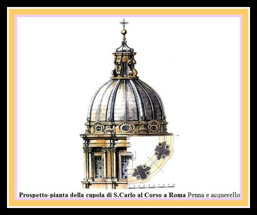 Elevation and plan of the church of San Carlo al Corso, Rome. Italy. Watercolours and ink. Architect Angelo Marinucci.