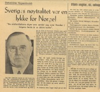 Artikel i tidningen Norges Nytt, den 22 juni 1945. Tidningen utgavs av norska Pressekontoret i Stockholm till norrmännn i exil i Sverige och hade vid krigsslutet en upplaga på ca 40.000 exemplar.