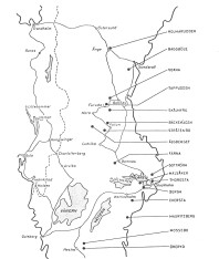 Förteckning över de orter där det förekom träningsläger för "polistrupperna". På några orter hade det innan dess varit "hälsoläger".  Kartan är från skriften De norske polititroppene i Sverige 1943-1945.