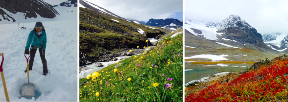 The project spanning spring, summer and autumn. Left to right: Aliyah Debbonaire shows deep (50-80 cm) snow in early July; summer flowers line the route out of the Tarfala Valley at the end of July; and autumn colors flood the valley floor with dustings of snow on the summits in early September.
