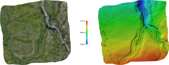 Figure 1: RGB Orthomosaic (Left) and DEM (Right) of UAV flight conducted at Miellejohka location, Abisko Scientific Research Station on 2018-07-28.