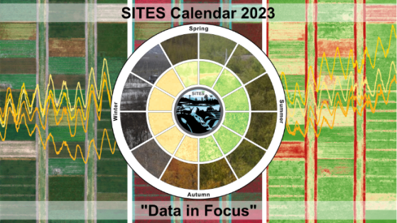 SITES 2023 Calendar Front Cover: PhenoCam data from Abisko Scientific Research Station (Pie Chart) and RGB and multispectral UAV sensor data from Lönnstorp Research Station (Background Image). Data processing by Shangharsha Thapa and photo editing by Roberto Lo Monaco.