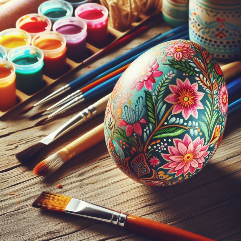 Syntolkning. Ett ägg som är målat med färgglada blommor ligger bland penslar och små färgburkar på en träbänk