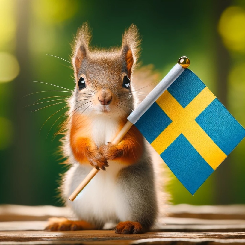 Syntolkning: En liten brun ekorre med vit mage sitter på ett bord och håller en svensk flagga med tassarna