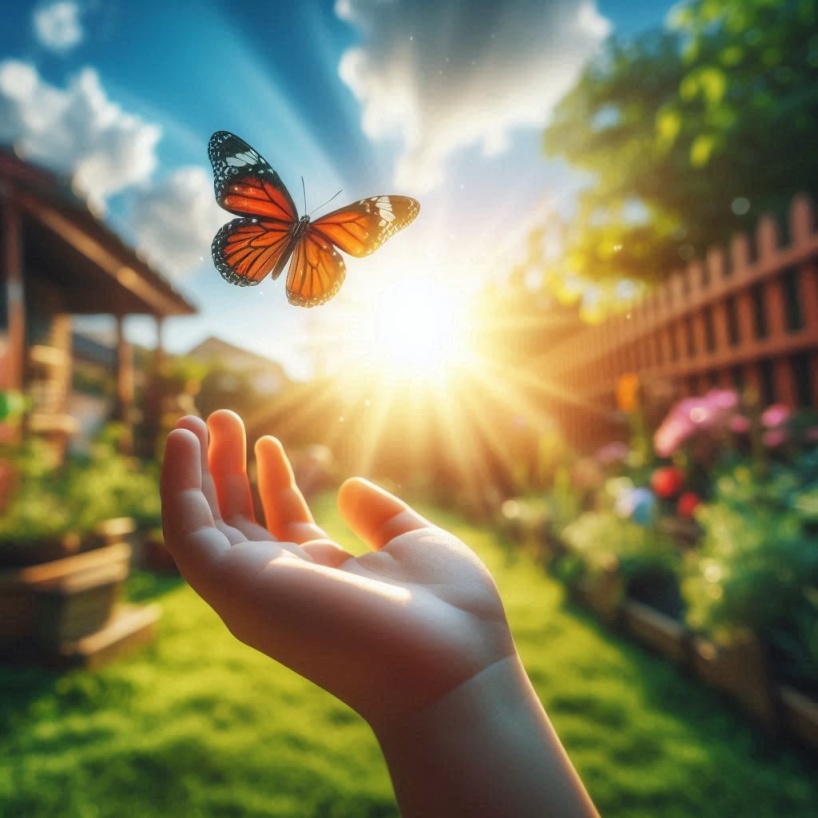 Syntolkning: I en trädgård, där solen skiner väntar en utsträckt hand på att en fjäril ska landa i den.