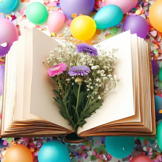 Syntolkning: En öppen bok bland ballonger och konfetti är uppslagen med  en bukett med rosa, lila och vita blommor i.