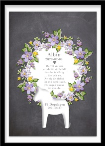 Personlig doptavla med lila krans på mörk bakgrund - A4 21 x 29,7 cm