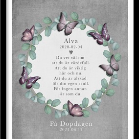 Doptavla med krans och fjärilar i rosa