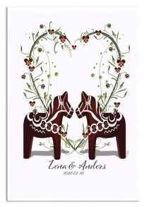 Bröllopstavla vinröda dalahästar och blomsterhjärta - A4  21 x 29,7cm