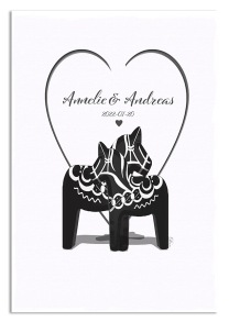 Bröllopstavla svarta dalahästar med hjärta - A4  21 x 29,7cm