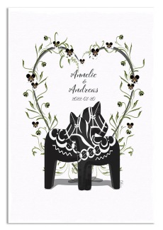 Bröllopstavla svarta dalahästar med blomsterhjärta - A4  21 x 29,7cm