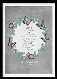 Doptavla med krans och fjärilar i rosa - A4 21 x 29,7 cm