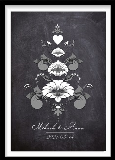 Bröllopstavla svartvit kurbits på mörk bakgrund - A4 21 x 29,7 cm