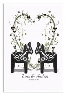 Bröllopstavla svarta dalahästar med blomsterhjärta