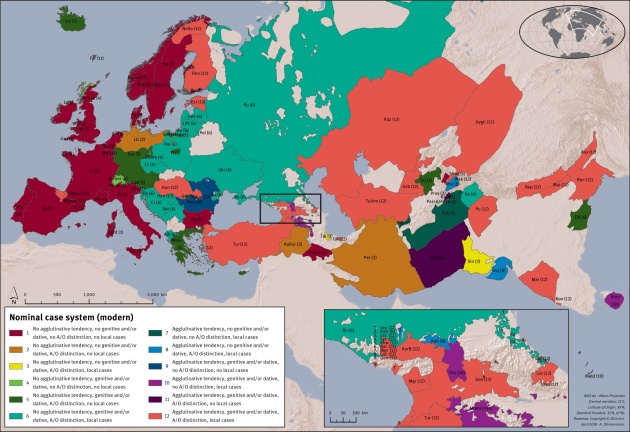 Distribution of types of nominal case systems in modern (top) and ancient (bottom) languages. Dark red (1) targets no cases, green represent fusional types, pink/purple nuances agglutinating systems. Distribution of types of nominal case systems in modern (top) and ancient (bottom) languages. Dark red (1) targets no cases, green represent fusional types, pink/purple nuances agglutinating systems.