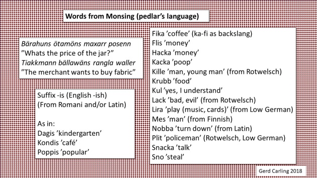 Samples of the Swedish secret language Monsing (from 18th and 19th ct. sources). Most of them have found their way into Swedish slang. Samples of the Swedish secret language Monsing (from 18th and 19th ct. sources). Most of them have found their way into Swedish slang.