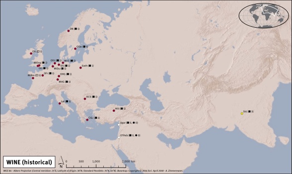 Cognacy map of words for WINE in modern (top) and ancient (bottom) languages. One rott dominates almost the entire map. Cognacy map of words for WINE in modern (top) and ancient (bottom) languages. One rott dominates almost the entire map.