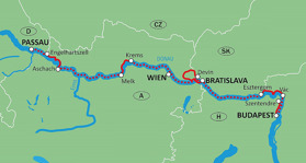 Cykel & Båt Passau-Wien-Bratislava-Budapest. (Klicka på kartan för större bild)