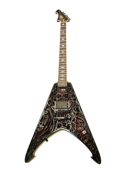 Handcarved guitar, based on Morbid Angels Altars of madness album cover