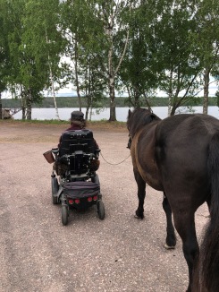 Medlem med sin häst på väg mot en sjö