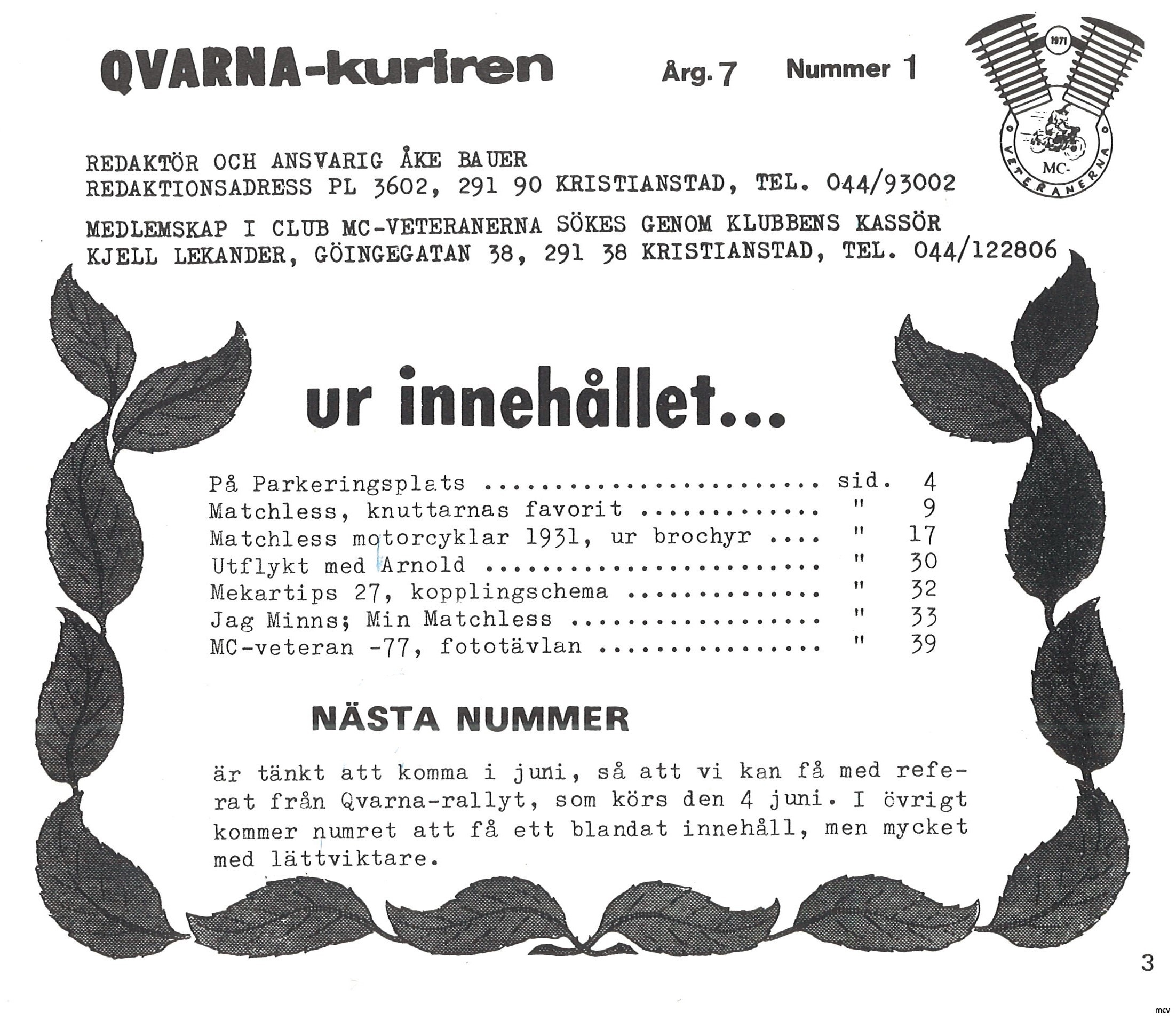 Innehållsförteckning nr 1-1977 Innehållsförteckning nr 1-1977