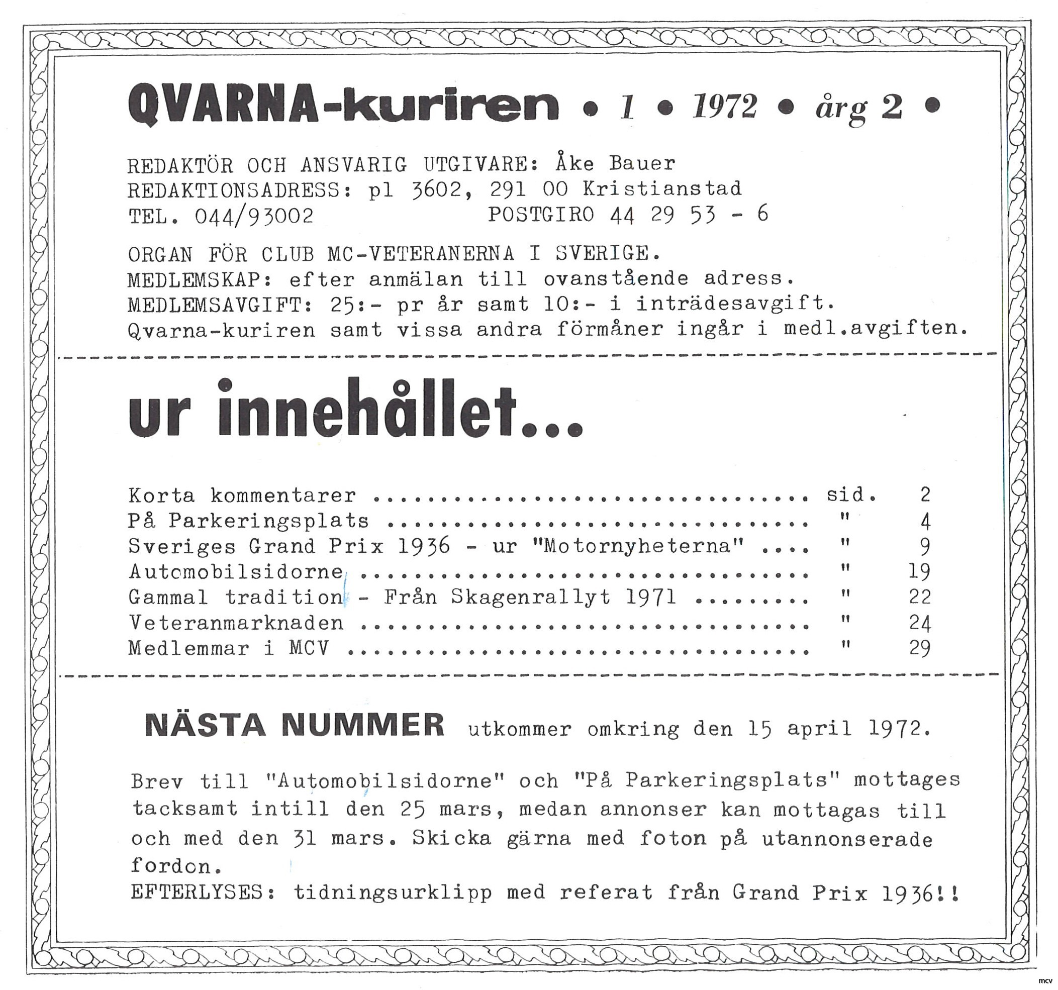 Innehållsförteckning nr 1-1972 Innehållsförteckning nr 1-1972