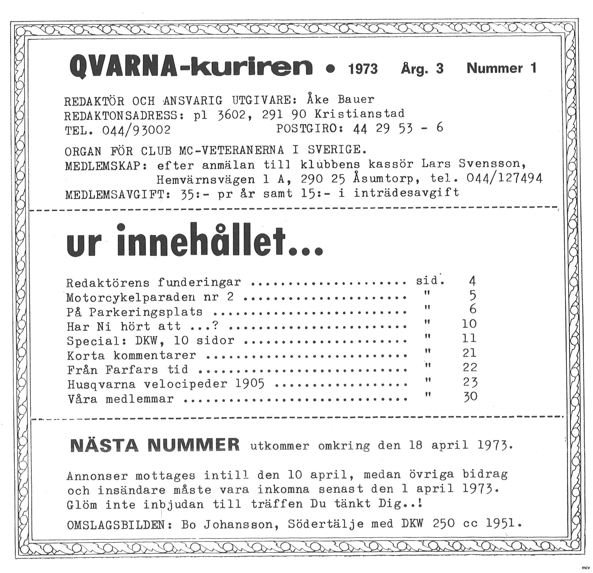 Innehållsförteckning nr 1-1973 Innehållsförteckning nr 1-1973