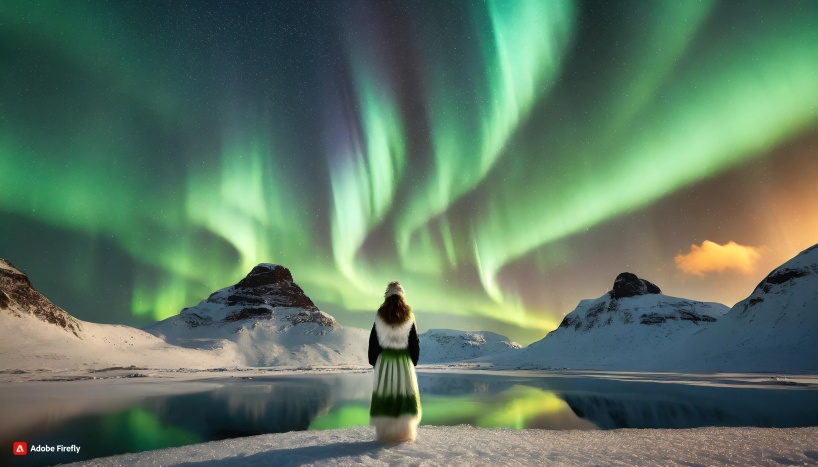 Norrsken påverkar religioner och myter hos polarfolk. Egen AI-genererad bild