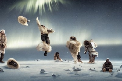Inuitmytologi att de döda spelar fotboll med valrosshuvud. Egen AI-genererad bild