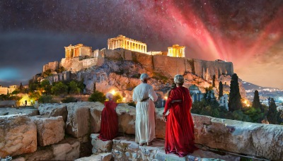 Rött norrsken över antikens greker. Egen AI-genererad bild