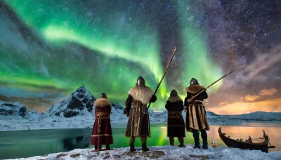 Vikingar som betraktar norrsken. Egen AI-genererad bild