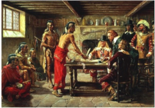 Bilden illustrerar fredfödraget med ursprungsbefolkningen som undertecknades i Jonas Broncks hem