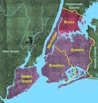 Bilden visar New Yorks olika stadsdelar med the Bronx längst upp