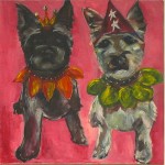 Inga och Zelda. Akryl, 50 x 50 cm. Påskojmålad tavla på våra galna små terrierister!