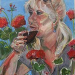 Cecilia. Akryl, 50 x 60 cm. Vindrickande älskad kompis bland pelargoner! För övrigt ägarinnan till min första änglatavla.