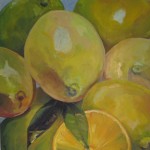 Citroner, Olja på akrylbakgrund 100 x 100 cm. Deltog i Vårsalongen i Nybro 2011. Jurybedömd utställning. Såldes efter utställningen.